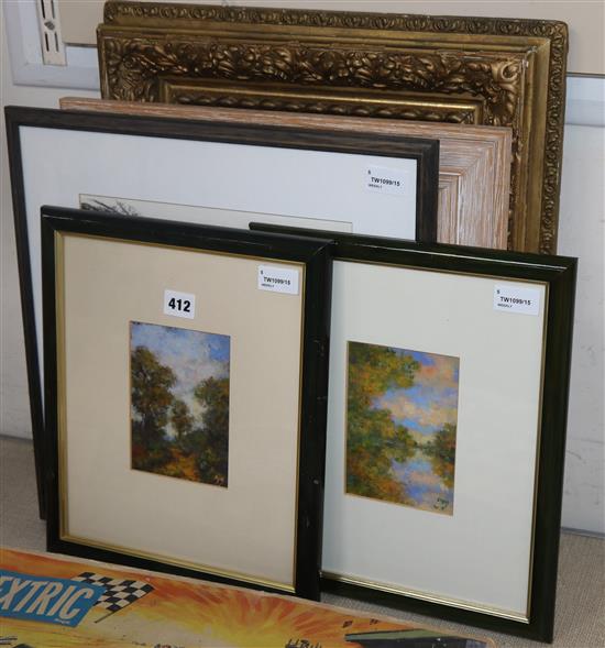 A Victorian gilt picture frame (now with mirror plate) and four pictures, various,